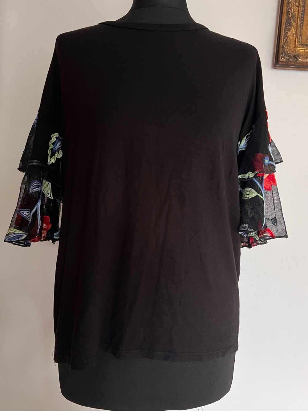 Black Short Sleeve Top with Embroidered Ruffle Sleeves